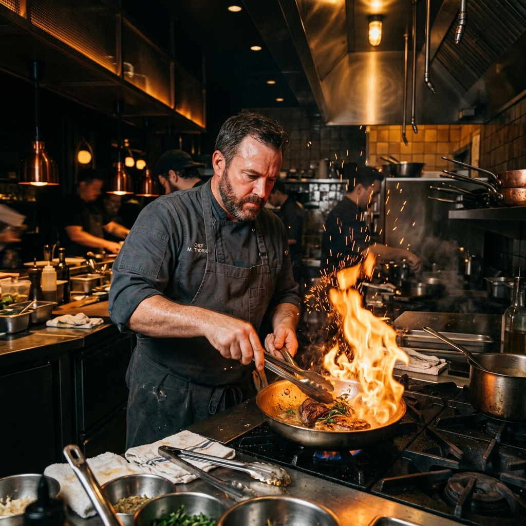 Chef Jean-Luc Moreau assembling a plate in a moody lit kitchen